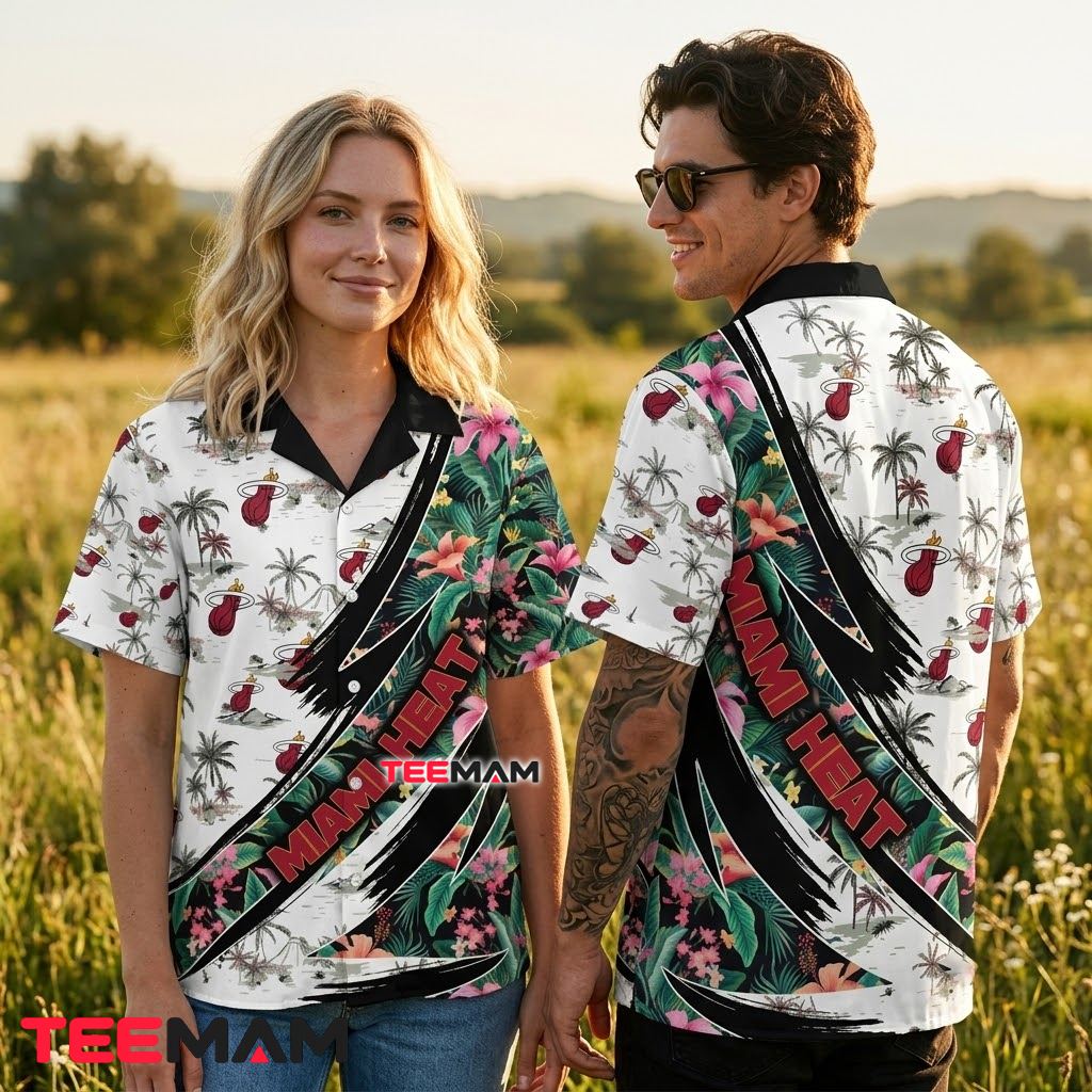 Miami Heat Tropical Shirt Diagonal Floral Palm Back Miami Heat Tropical Shirt Diagonal Floral Palm Back