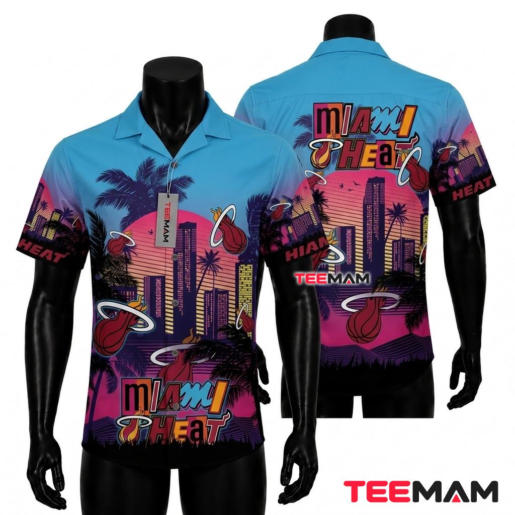 Miami Heat Tropical Shirt Vice City Skyline Front