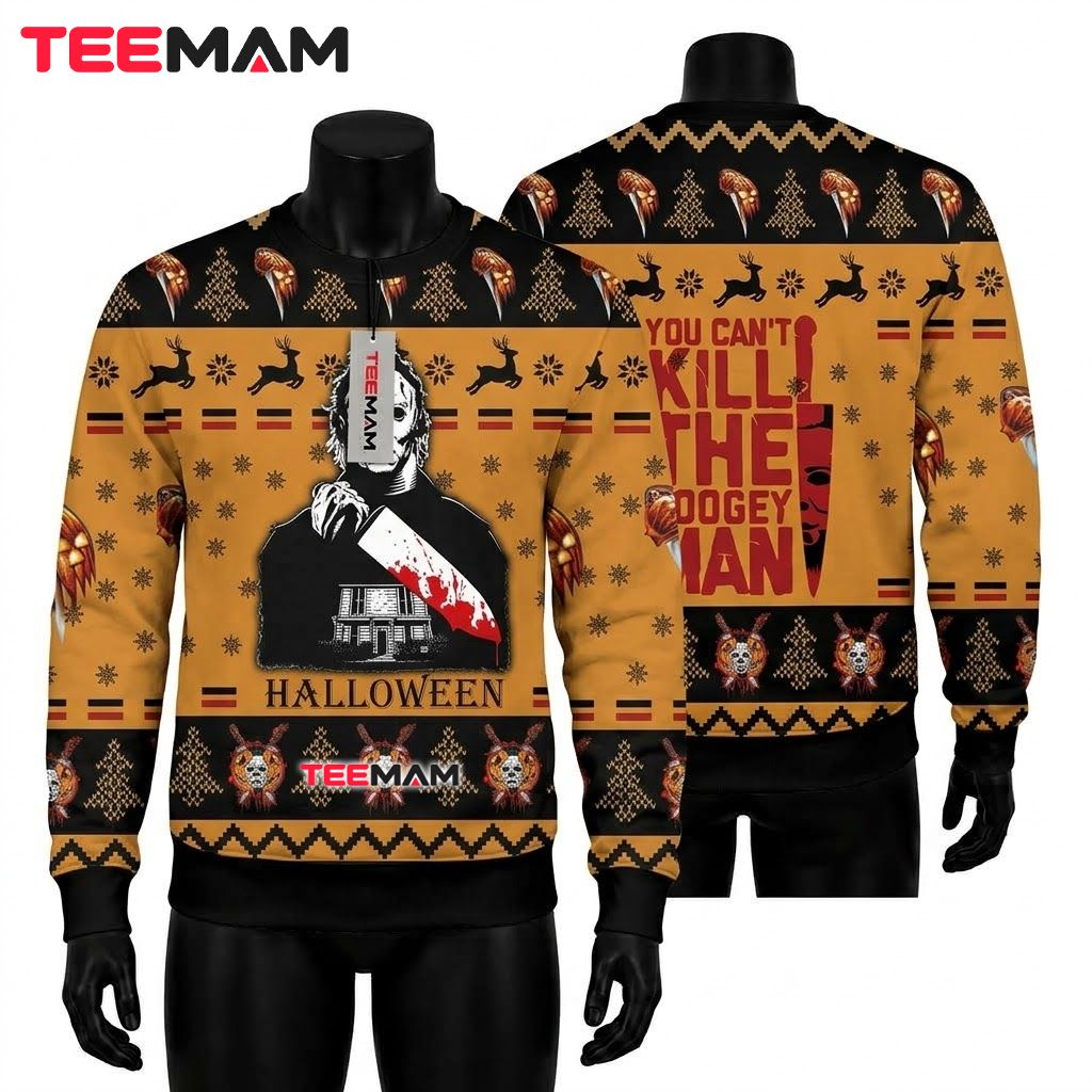 Michael Myers Ugly Halloween Sweater Bloody Knife House Front