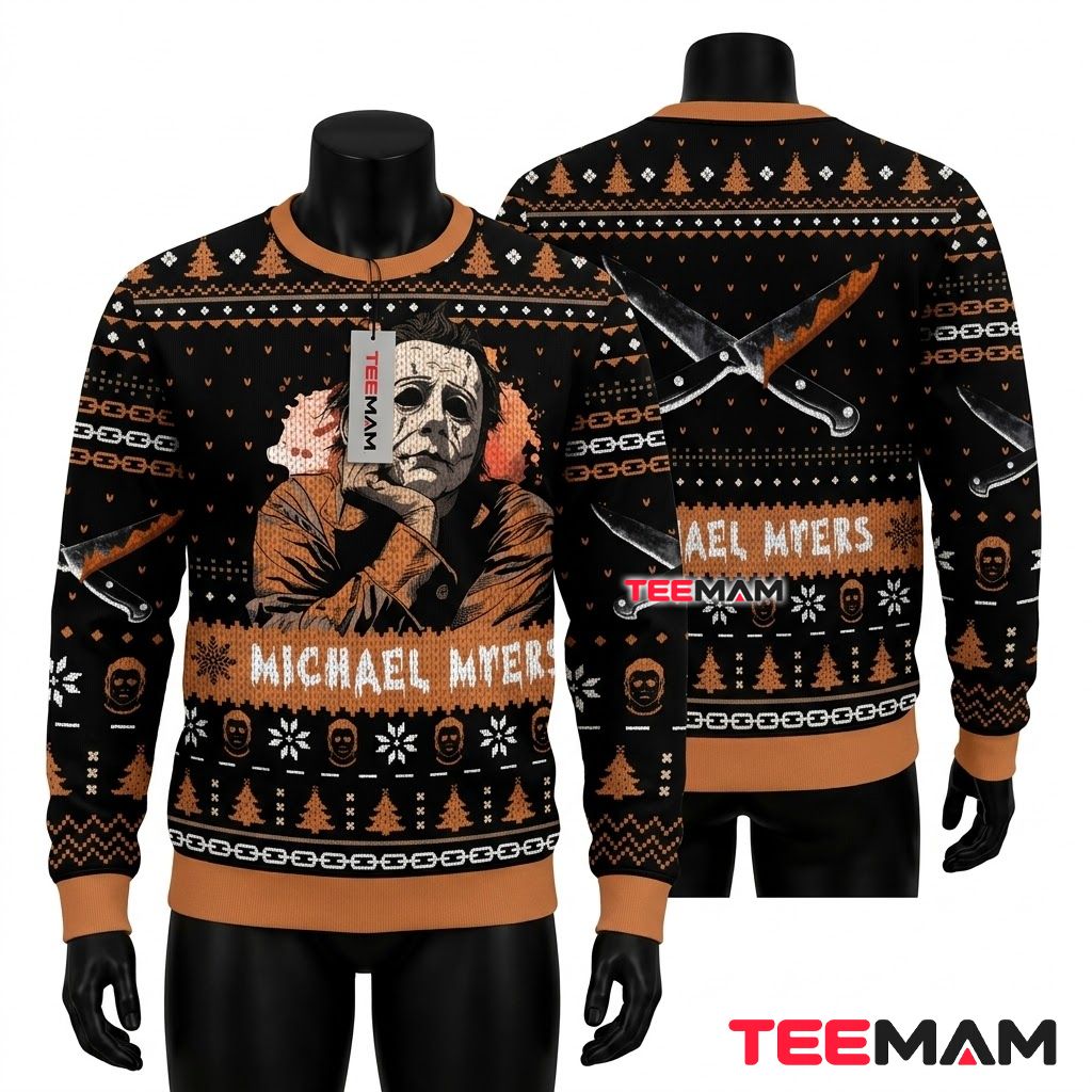 Michael Myers Ugly Halloween Sweater Portrait Crossed Knife Front