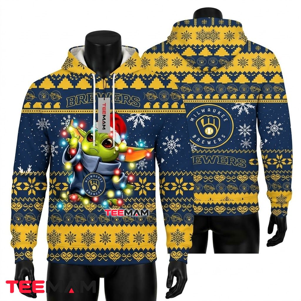 Milwaukee Brewers 3D Hoodie Baby Yoda Christmas Lights Front