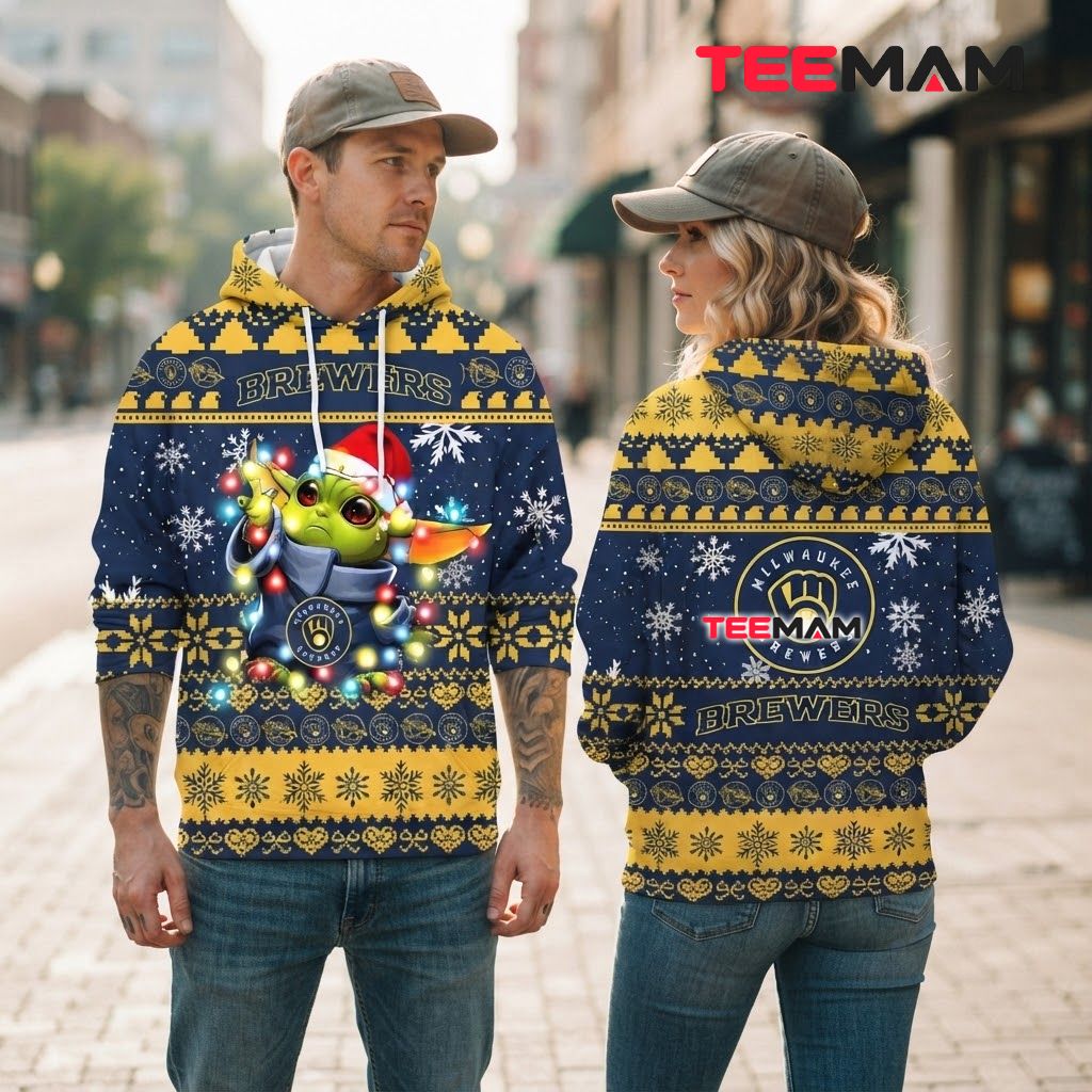 Milwaukee Brewers 3D Hoodie Baby Yoda Christmas Lights Back Milwaukee Brewers 3D Hoodie Baby Yoda Christmas Lights Back
