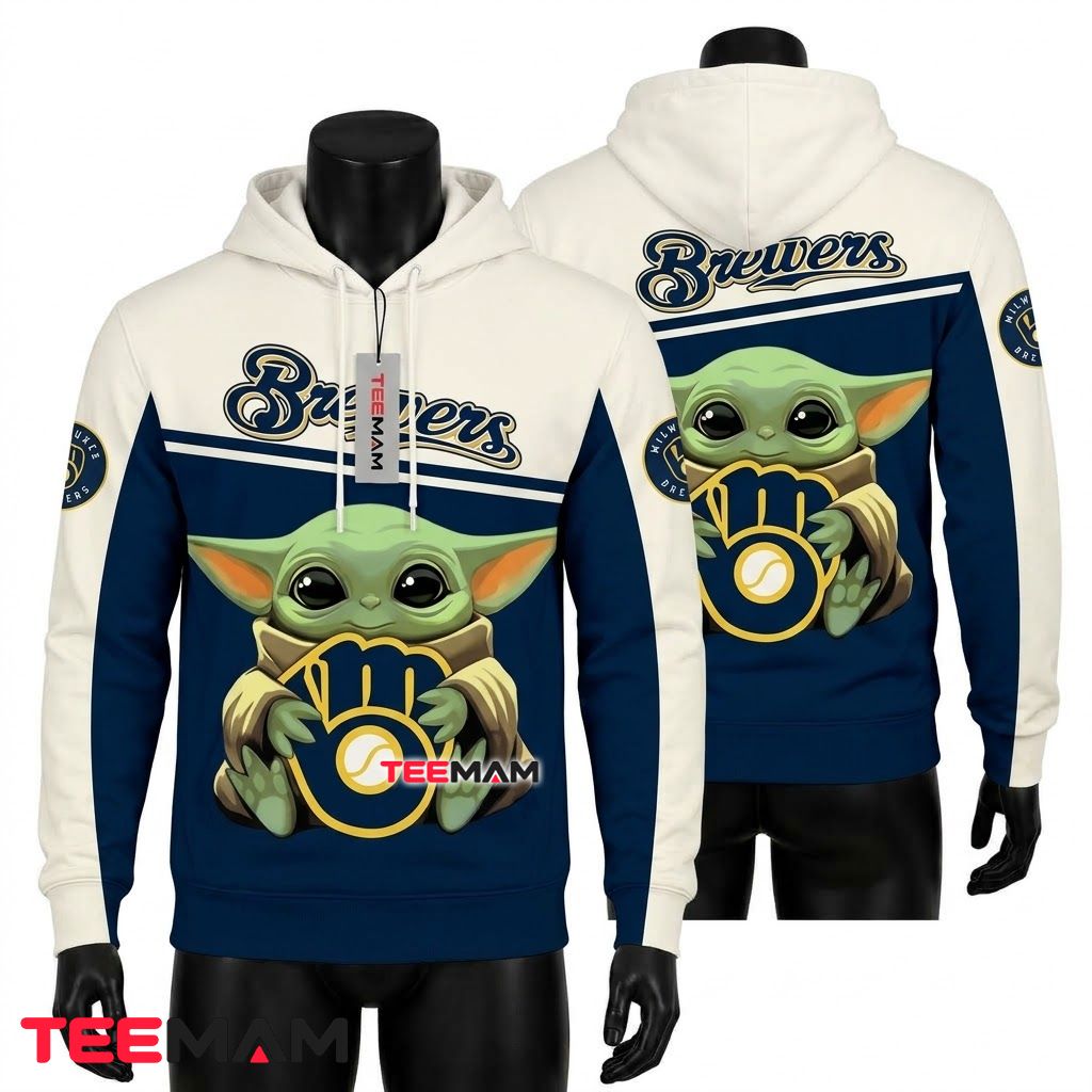 Milwaukee Brewers 3D Hoodie Baby Yoda Hugging Logo Front