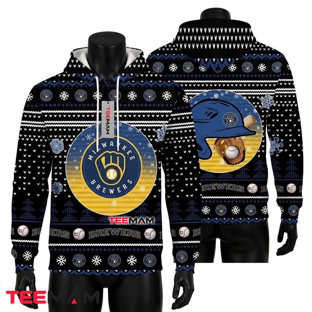 Milwaukee Brewers 3D Hoodie Batting Helmet Glove Christmas Front