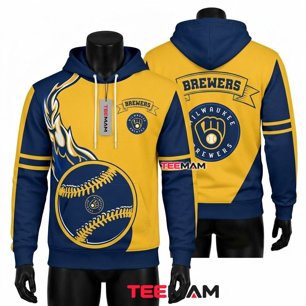 Milwaukee Brewers 3D Hoodie Flaming Baseball Front