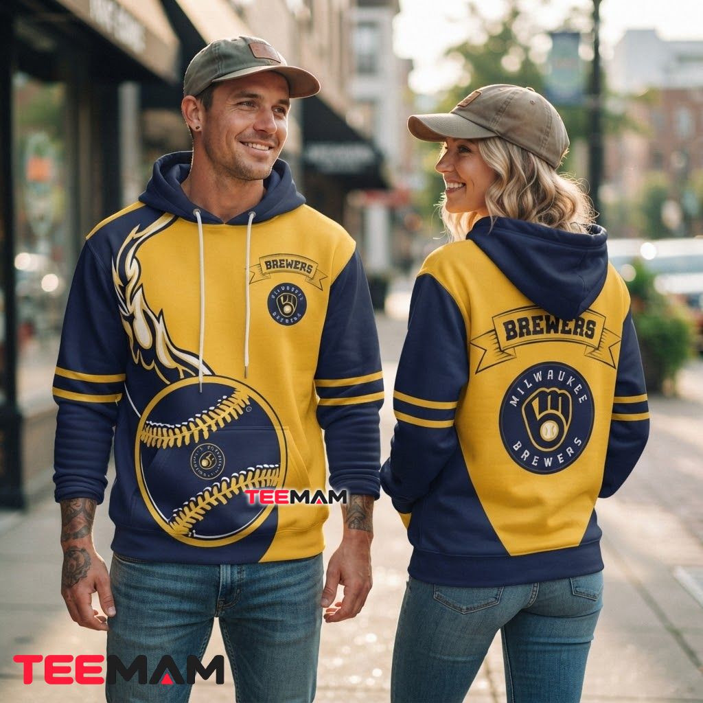 Milwaukee Brewers 3D Hoodie Flaming Baseball Back Milwaukee Brewers 3D Hoodie Flaming Baseball Back