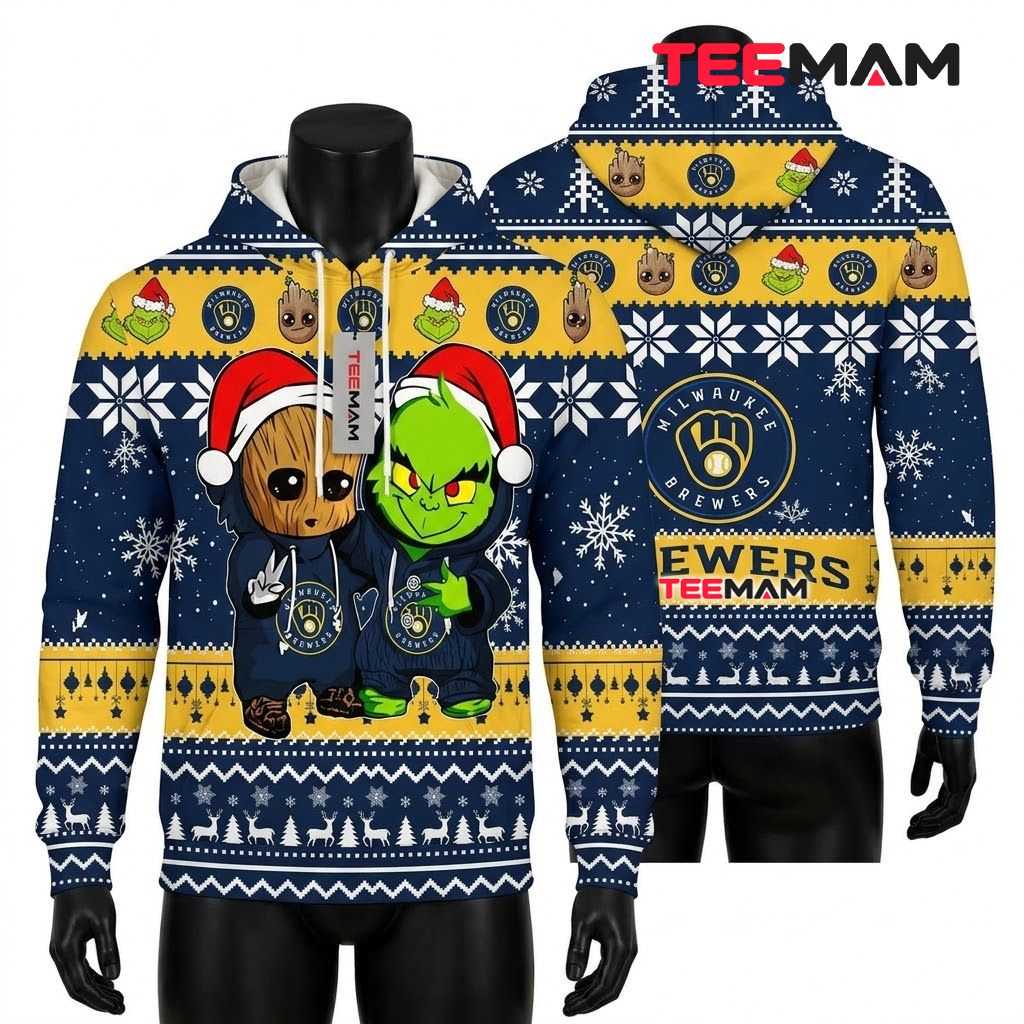 Milwaukee Brewers 3D Hoodie Groot And Grinch Christmas Front