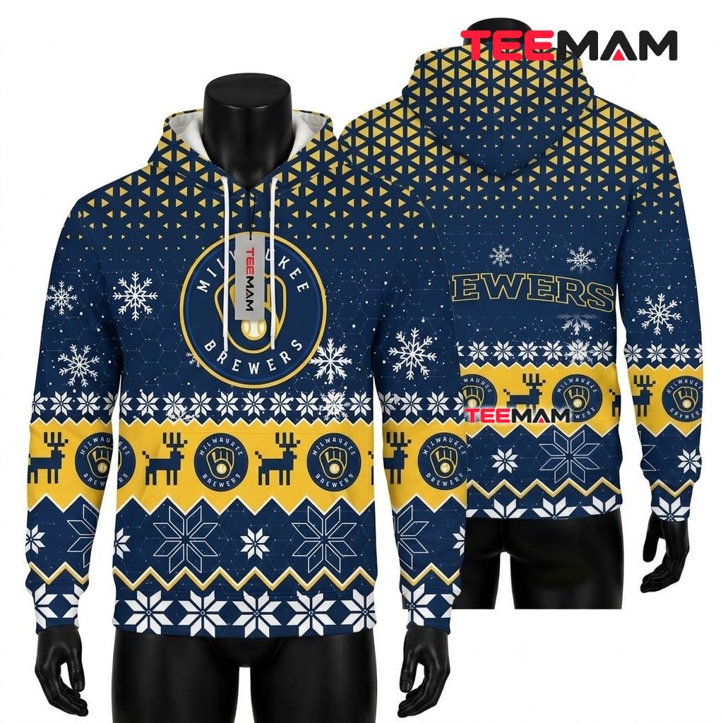 Milwaukee Brewers 3D Hoodie Reindeer Snowflake Christmas Pattern Front
