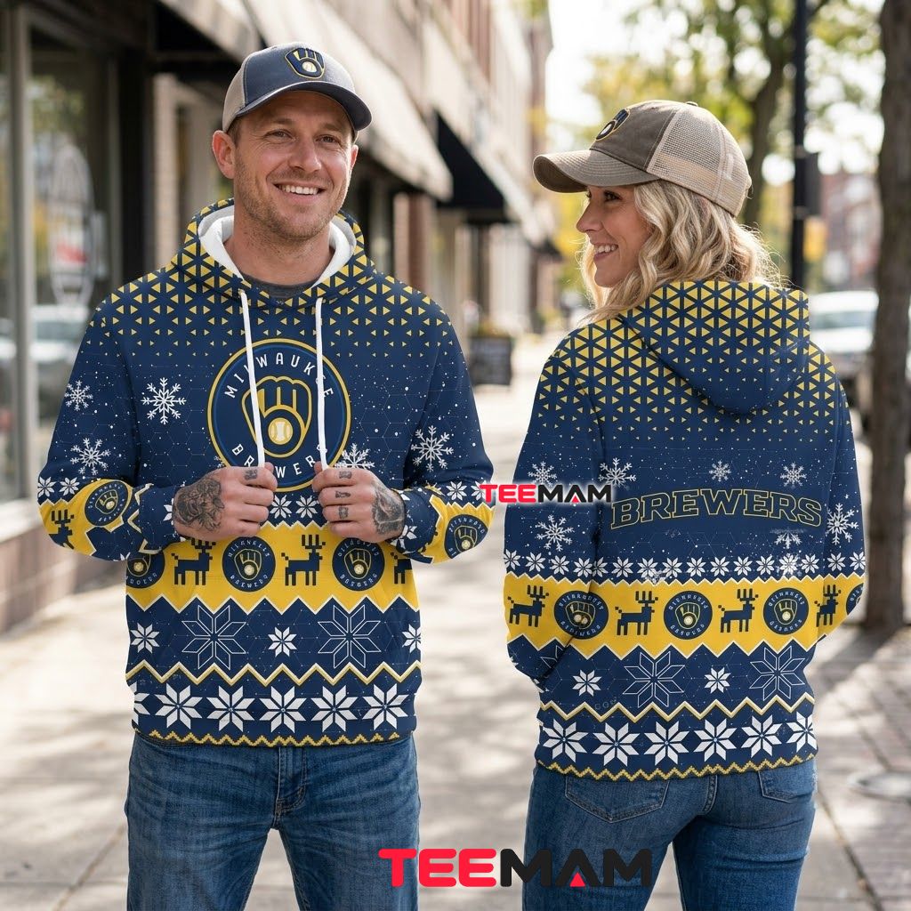 Milwaukee Brewers 3D Hoodie Reindeer Snowflake Christmas Pattern Back Milwaukee Brewers 3D Hoodie Reindeer Snowflake Christmas Pattern Back