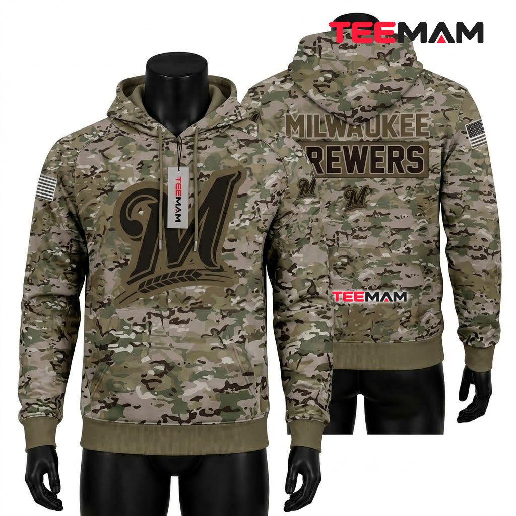 Milwaukee Brewers All Over Print 3D Hoodie Camouflage Military Front