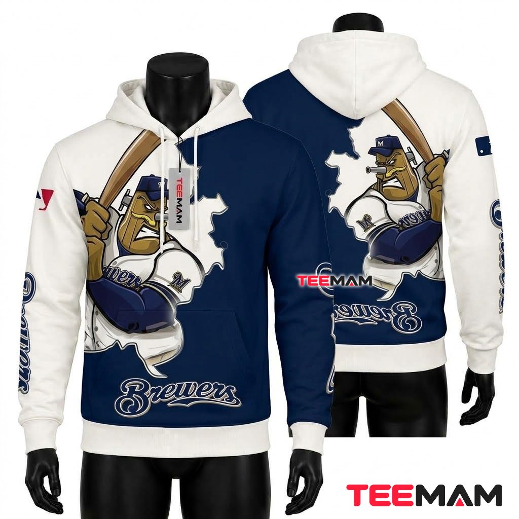 Milwaukee Brewers All Over Print 3D Hoodie Mascot Batting Player Front
