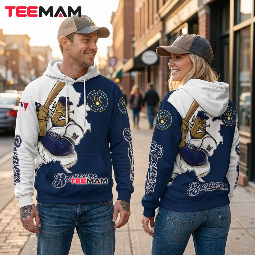 Milwaukee Brewers All Over Print 3D Hoodie Mascot Batting Player Back Milwaukee Brewers All Over Print 3D Hoodie Mascot Batting Player Back