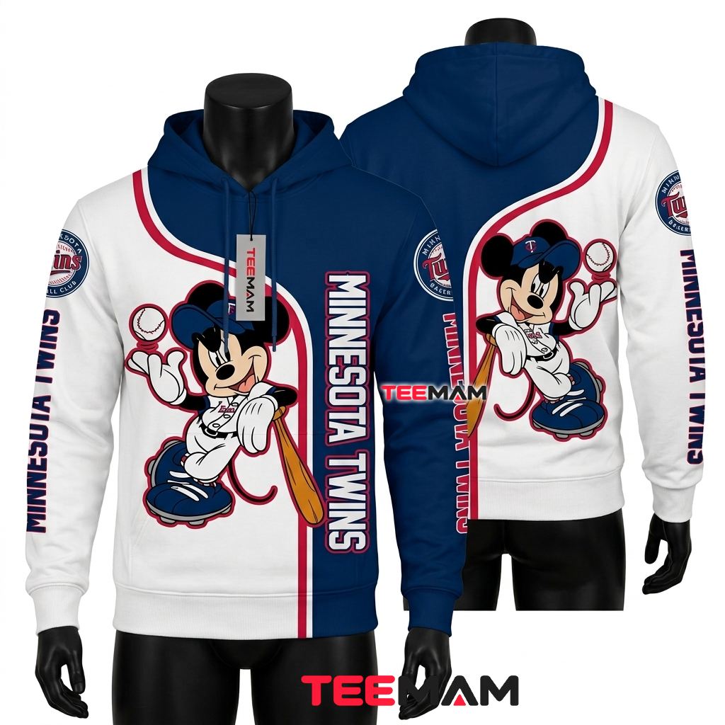 Minnesota Twins 3D Hoodie Mickey Mouse Baseball Split Color Front