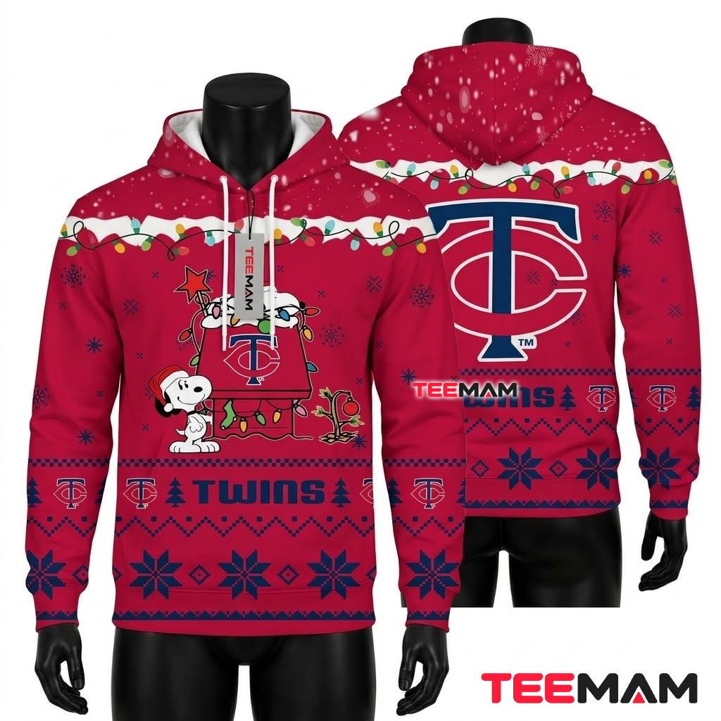 Minnesota Twins 3D Hoodie Snoopy Christmas Lights Doghouse Front