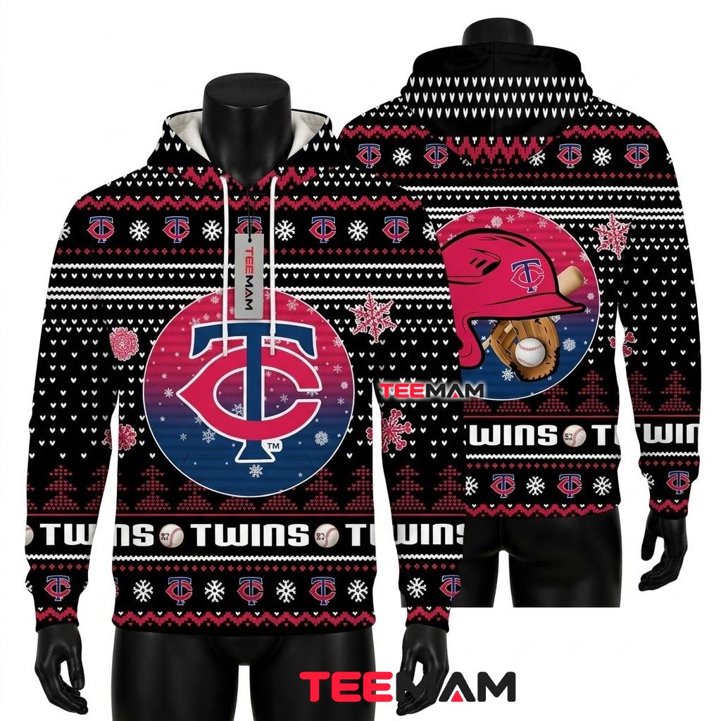 Minnesota Twins 3D Hoodie Ugly Christmas Snowflake Pattern Front