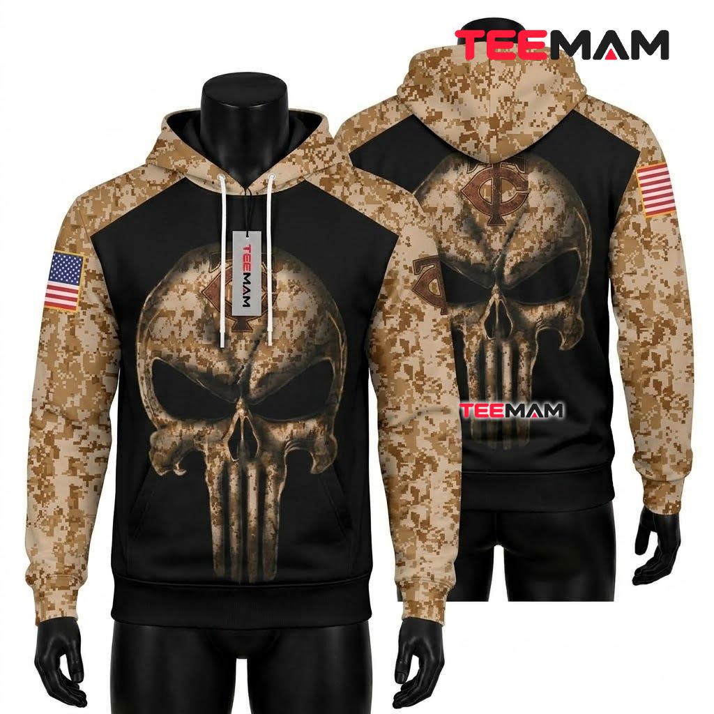 Minnesota Twins All Over Print 3D Hoodie Desert Camo Skull Front