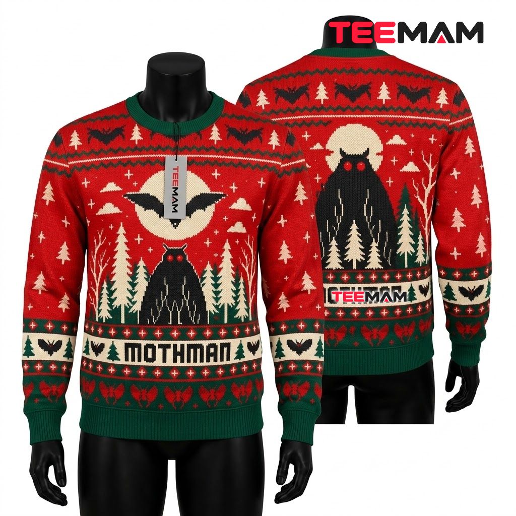 Mothman Ugly Halloween Sweater Red Green Bat Forest Print Front