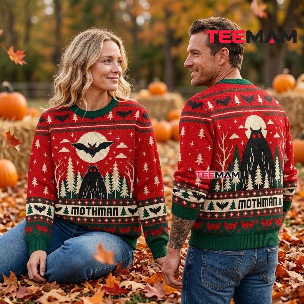 Mothman Ugly Halloween Sweater Red Green Bat Forest Print Back Mothman Ugly Halloween Sweater Red Green Bat Forest Print Back