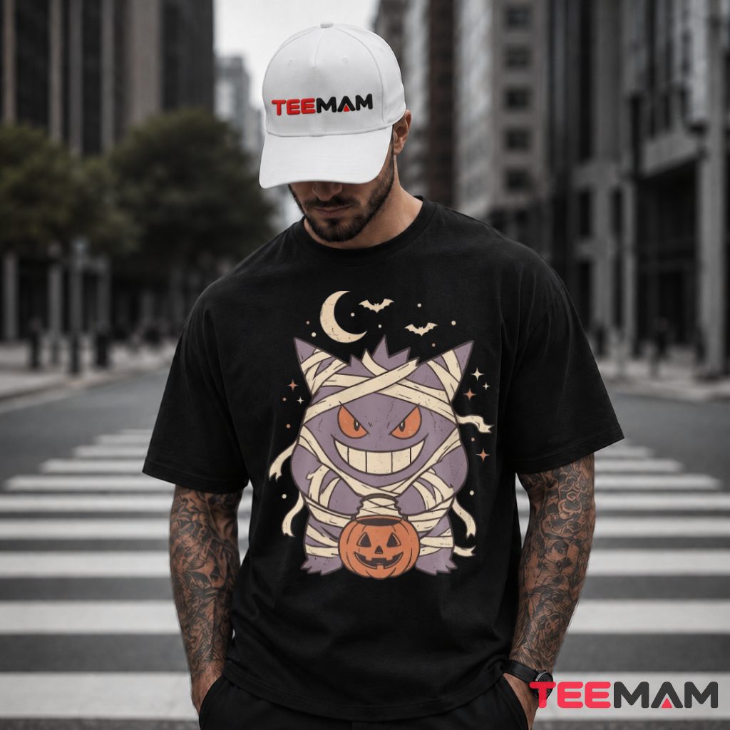 Mummy Halloween Wrap Gengar Grin Pumpkin Pail Pokemon T-Shirt