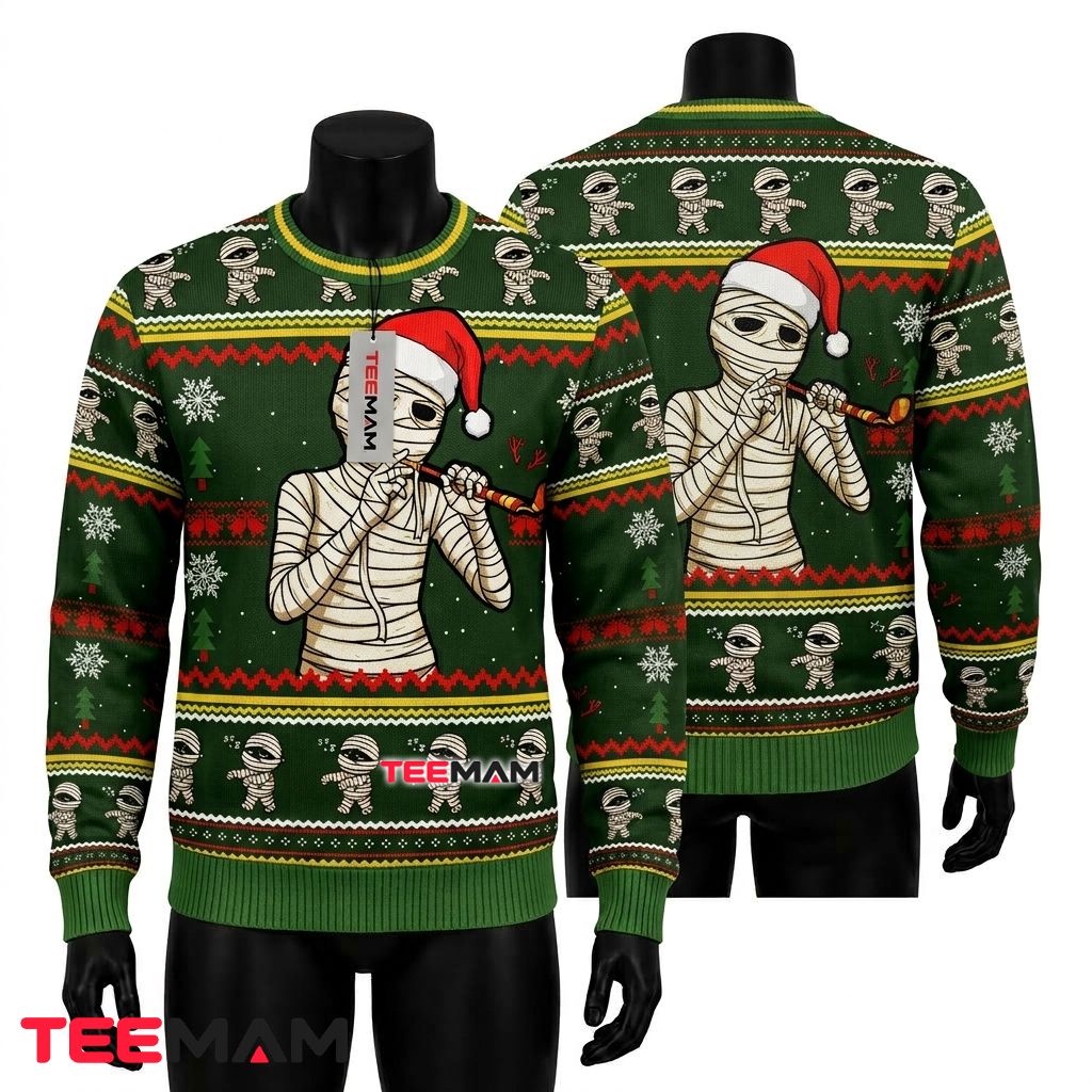 Mummy Ugly Halloween Sweater Smoking Santa Hat Green Pattern Front