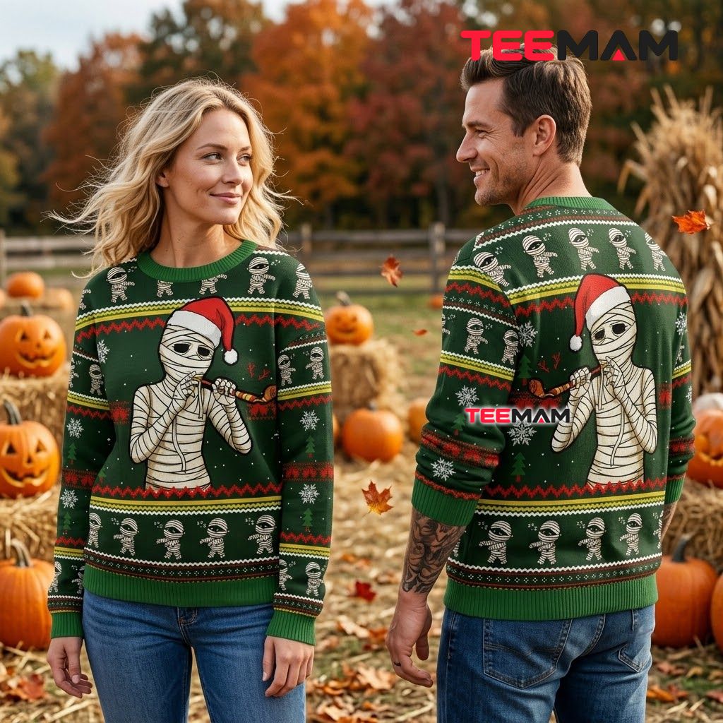 Mummy Ugly Halloween Sweater Smoking Santa Hat Green Pattern Back Mummy Ugly Halloween Sweater Smoking Santa Hat Green Pattern Back