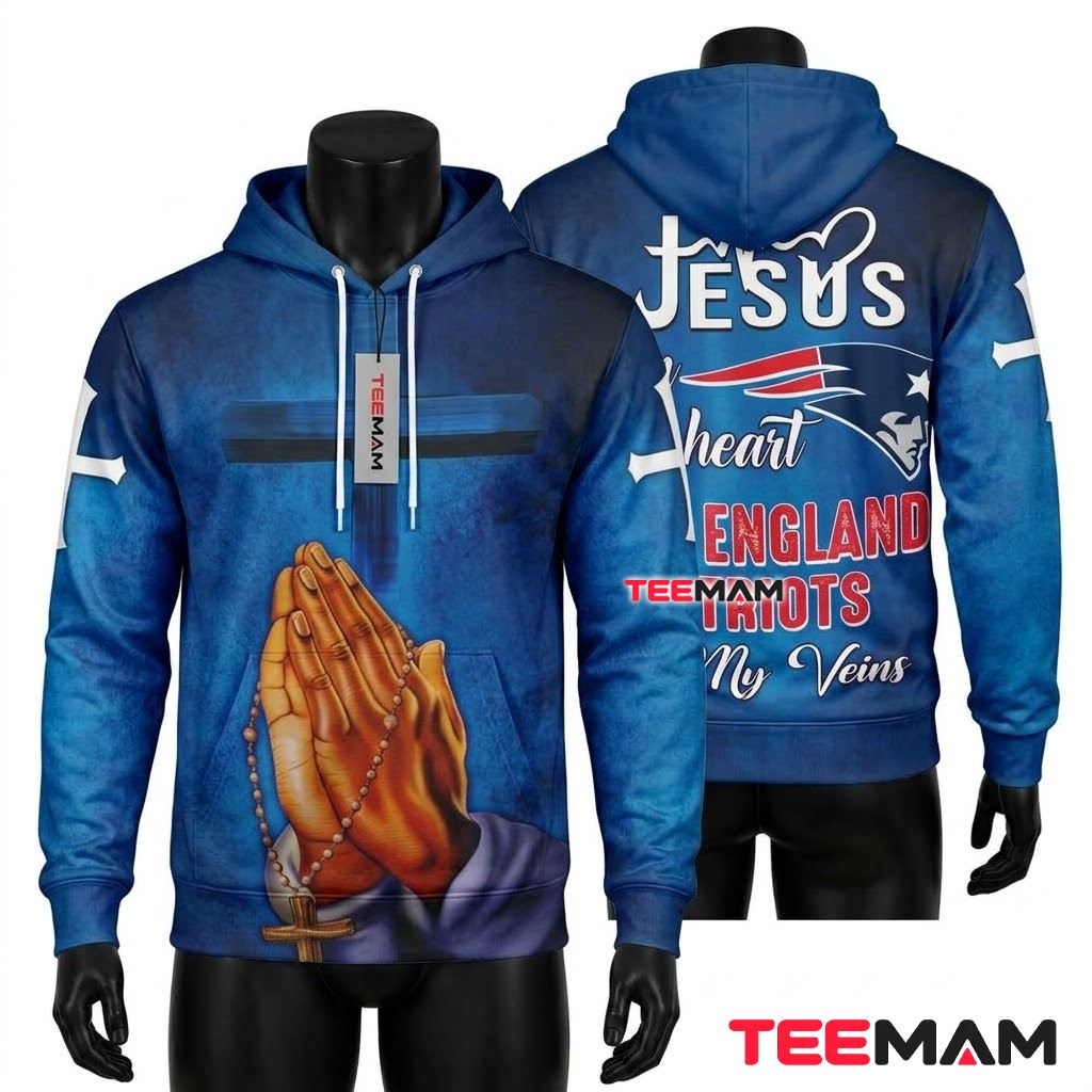 New England Patriots 3D Hoodie Jesus In My Heart Praying Hands Front