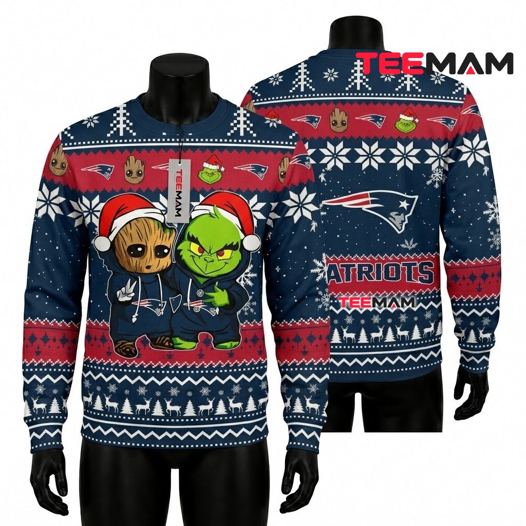 New England Patriots Ugly Christmas Sweater Baby Groot Grinch Design Front