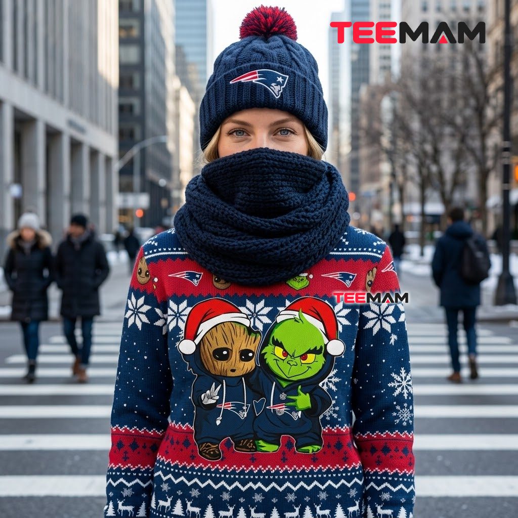 New England Patriots Ugly Christmas Sweater Baby Groot Grinch Design Back New England Patriots Ugly Christmas Sweater Baby Groot Grinch Design Back