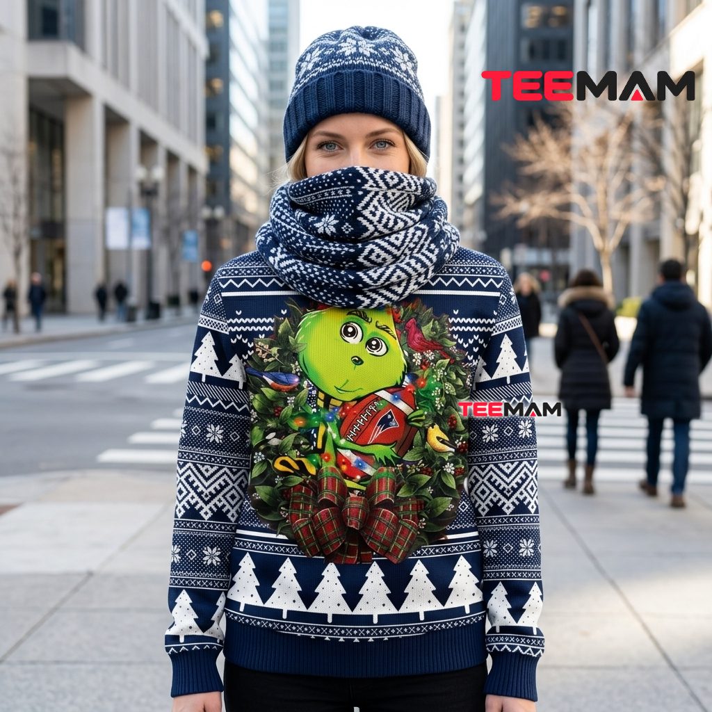 New England Patriots Ugly Christmas Sweater Baby Groot Wreath Design Back New England Patriots Ugly Christmas Sweater Baby Groot Wreath Design Back