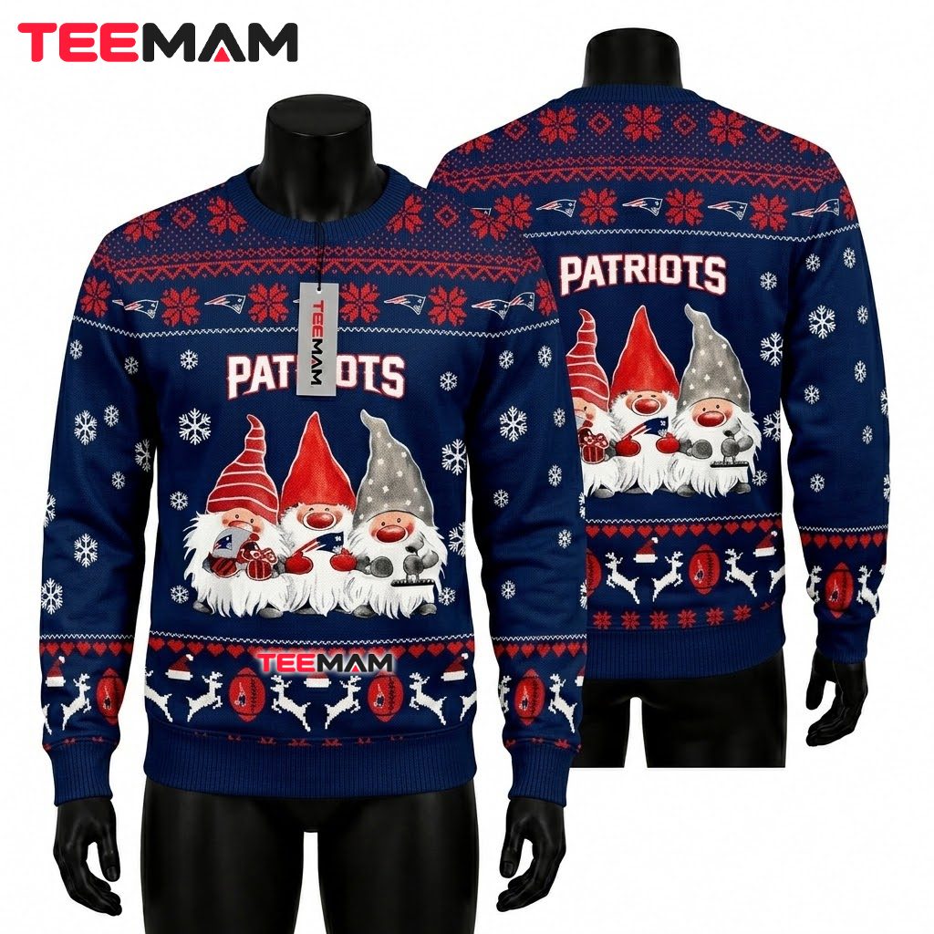 New England Patriots Ugly Christmas Sweater Christmas Gnomes Design Front