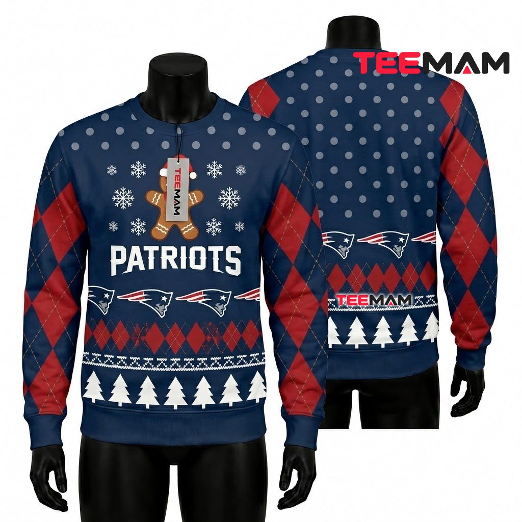 New England Patriots Ugly Christmas Sweater Gingerbread Man Design Front