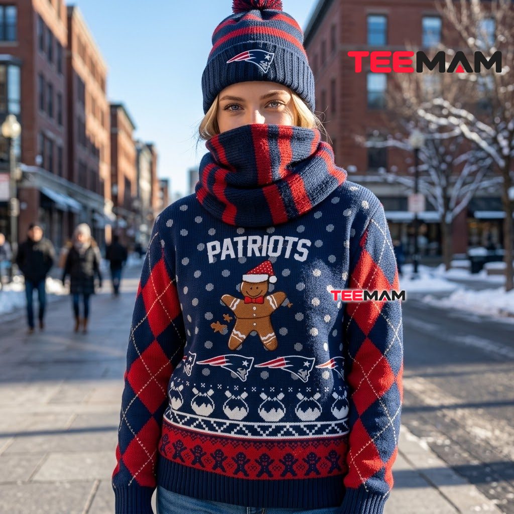 New England Patriots Ugly Christmas Sweater Gingerbread Man Design Back New England Patriots Ugly Christmas Sweater Gingerbread Man Design Back