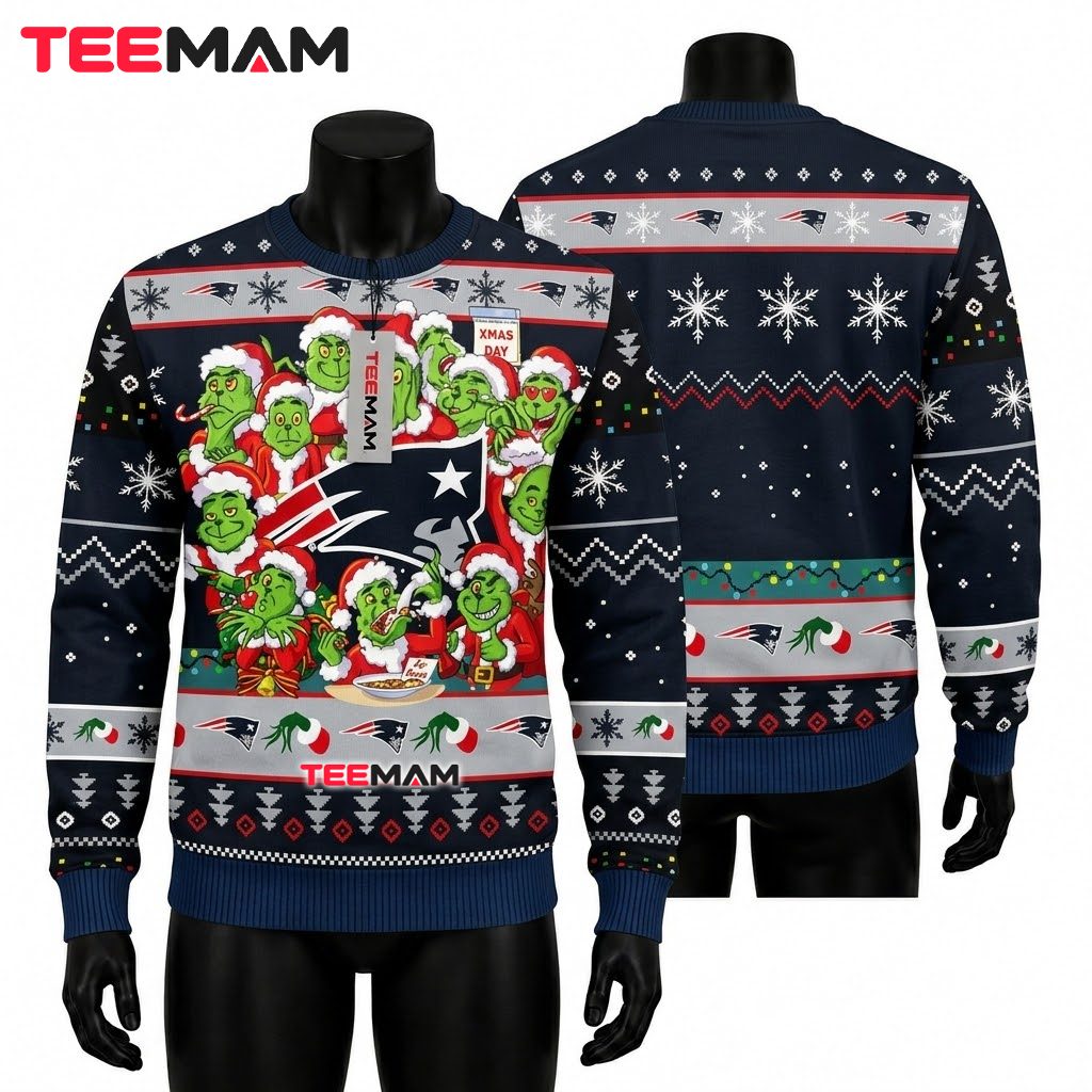 New England Patriots Ugly Christmas Sweater Grinch Family Xmas Design Front
