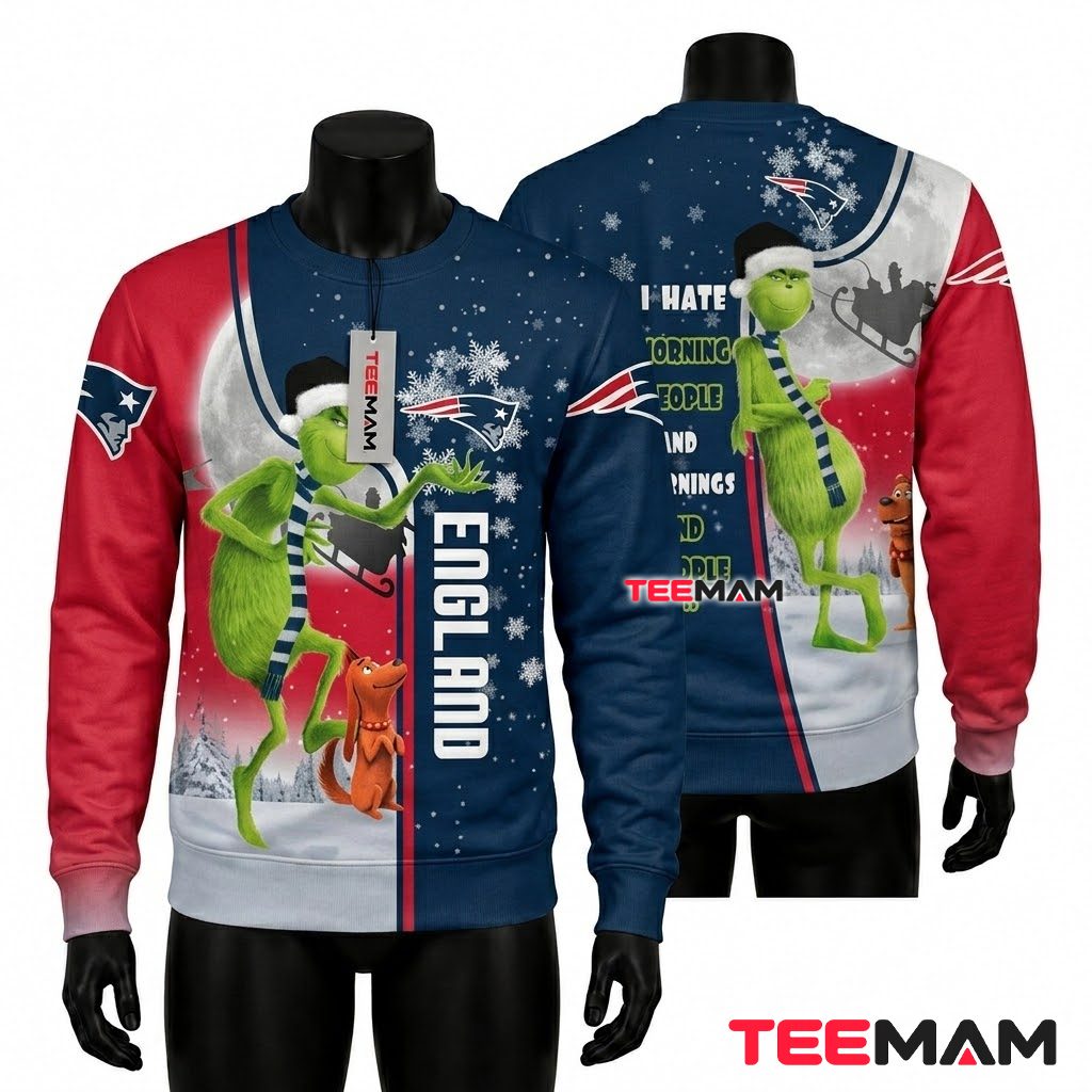 New England Patriots Ugly Christmas Sweater Grinch Hate Mornings Design Front