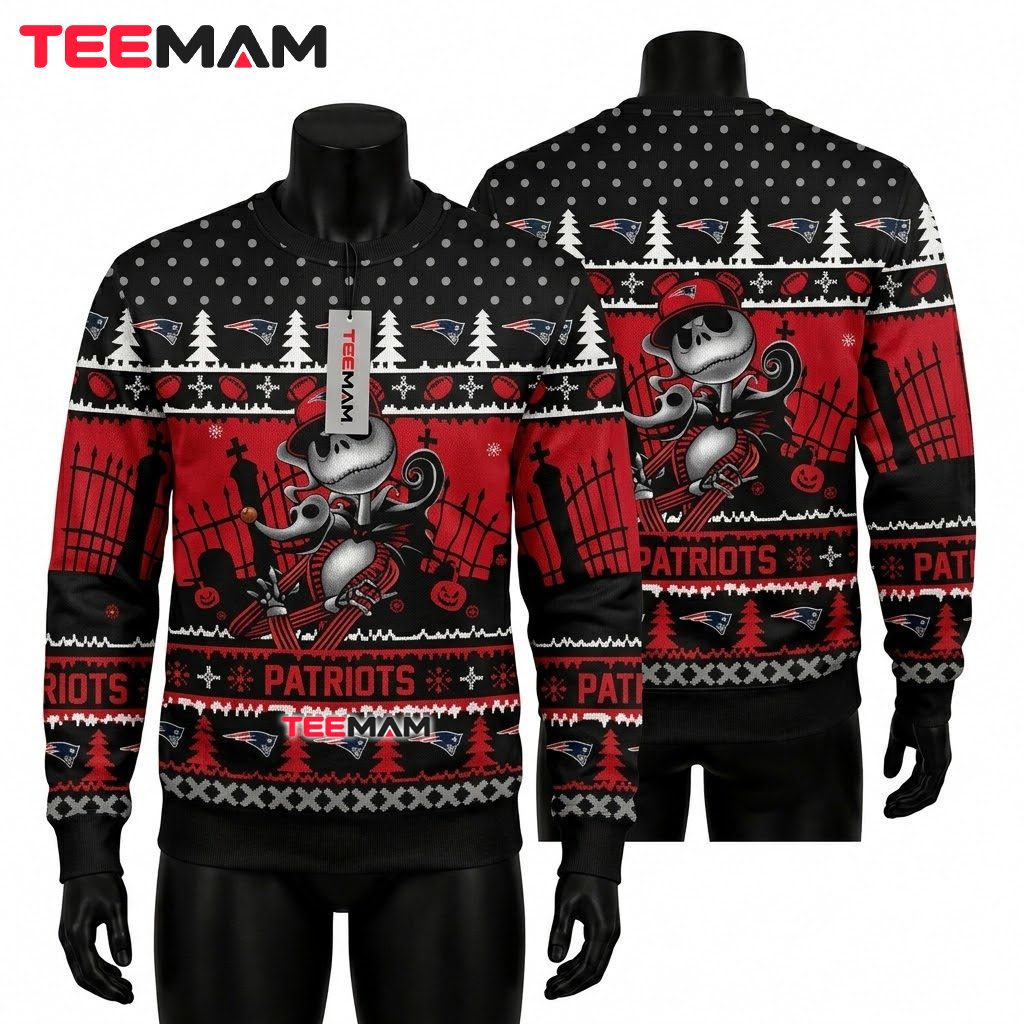 New England Patriots Ugly Christmas Sweater Jack Skellington Design Front