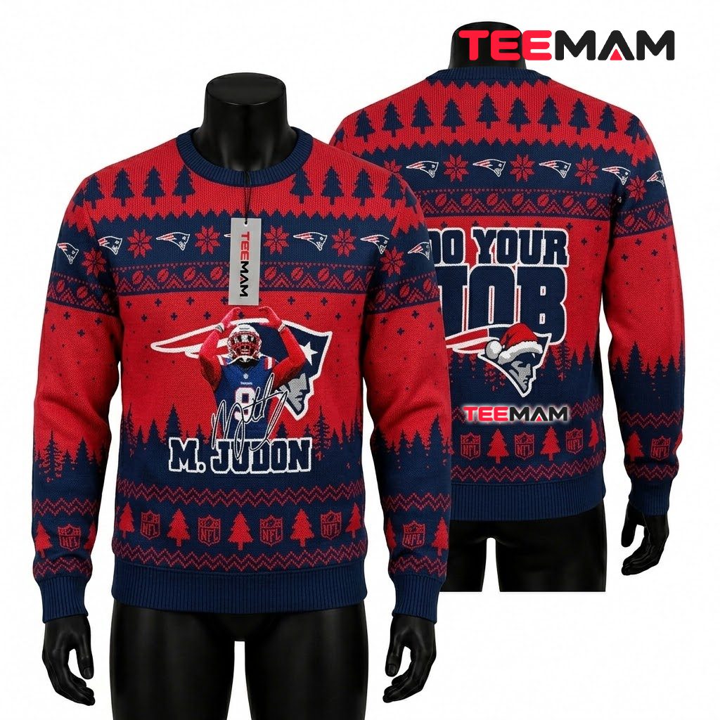 New England Patriots Ugly Christmas Sweater M Judon Do Your Job Design Front