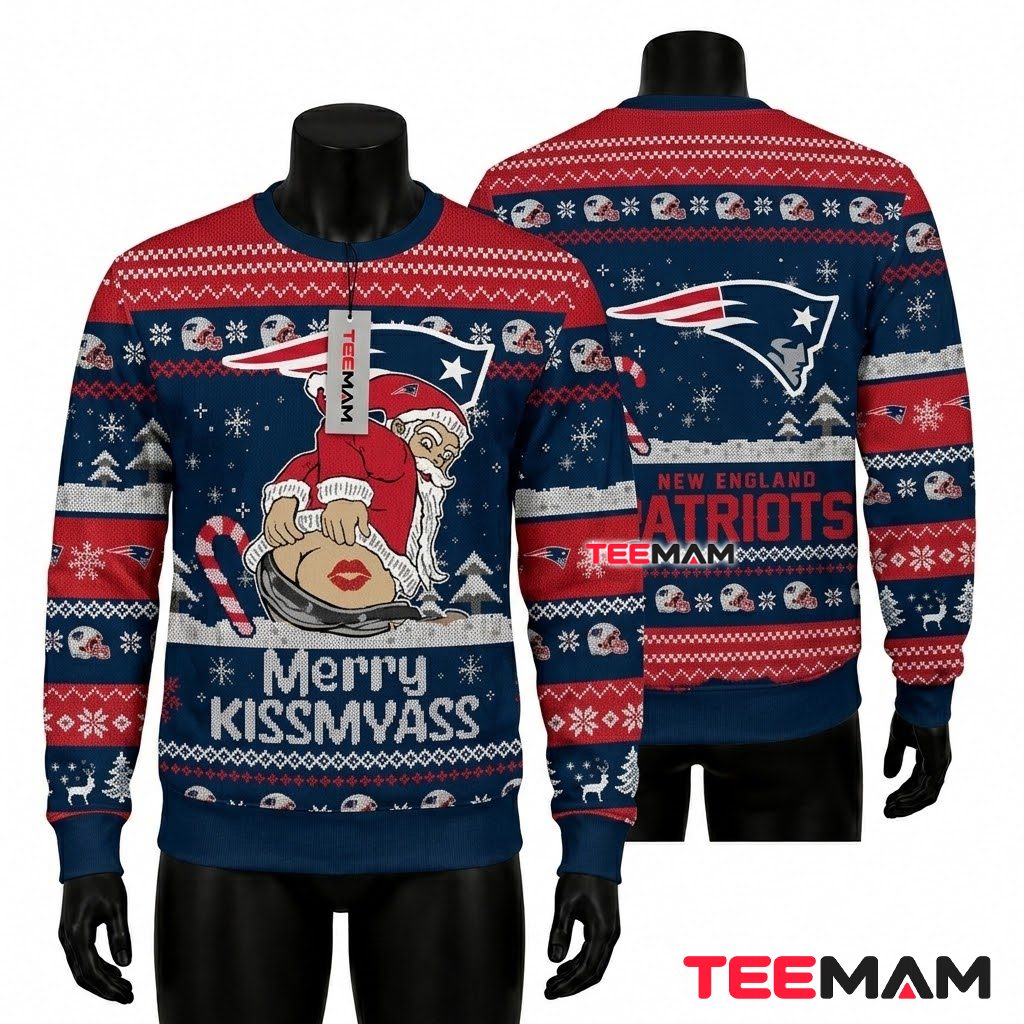 New England Patriots Ugly Christmas Sweater Merry Kissmyass Santa Front