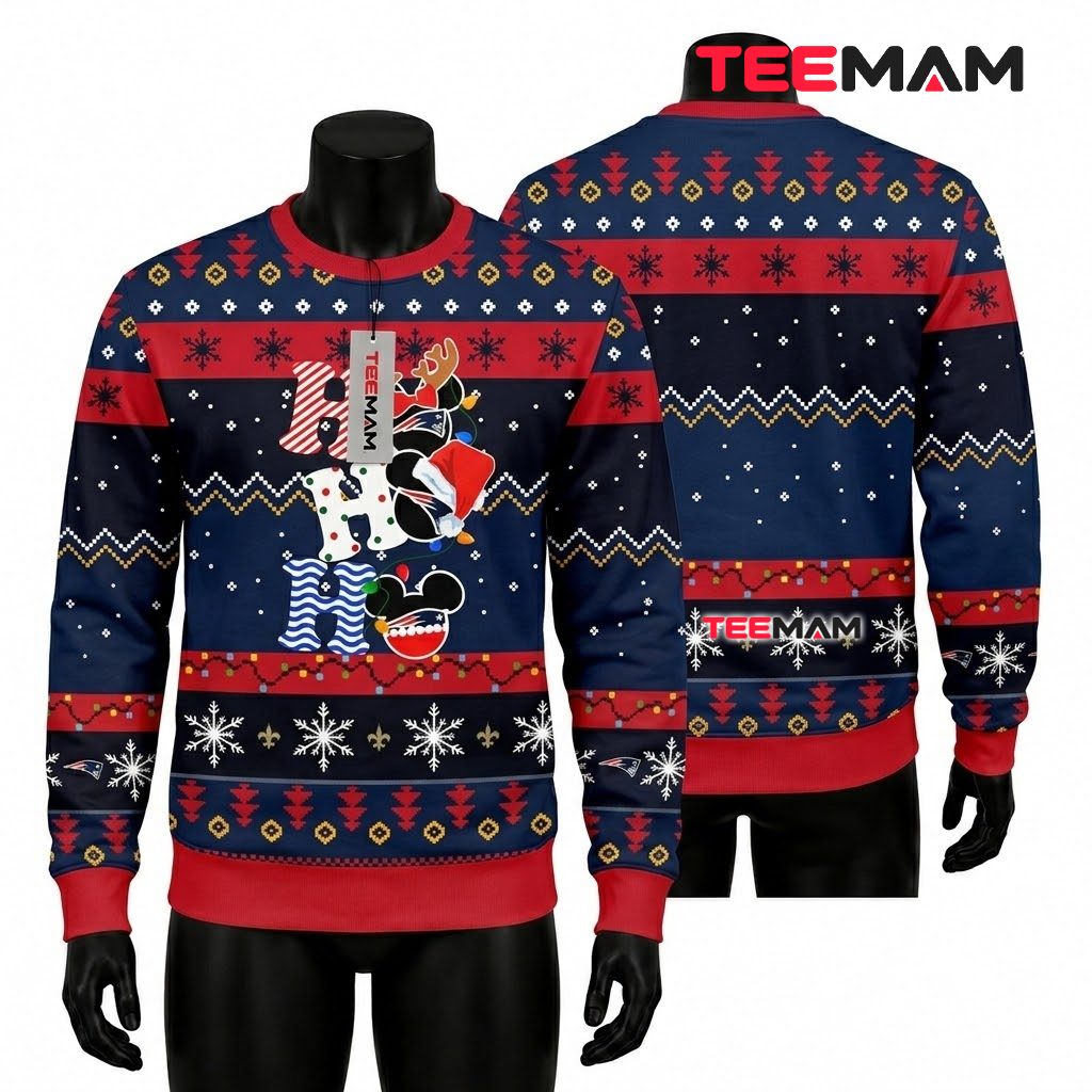 New England Patriots Ugly Christmas Sweater Mickey Mouse Ho Design Front