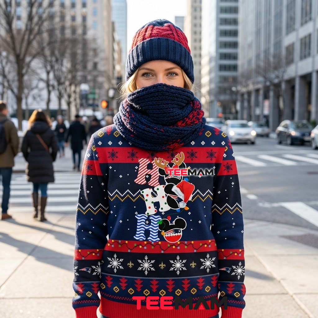 New England Patriots Ugly Christmas Sweater Mickey Mouse Ho Design Back New England Patriots Ugly Christmas Sweater Mickey Mouse Ho Design Back