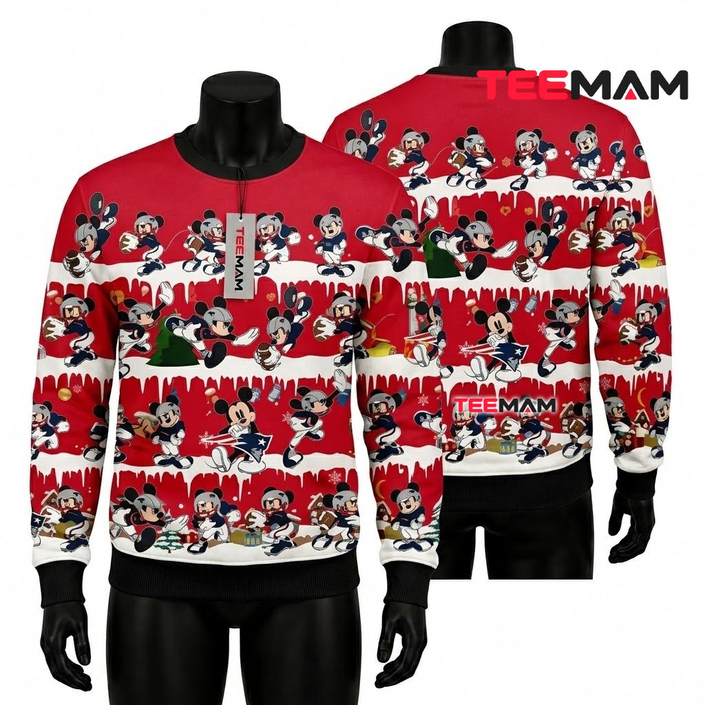 New England Patriots Ugly Christmas Sweater Mickey Mouse Pattern Design Front