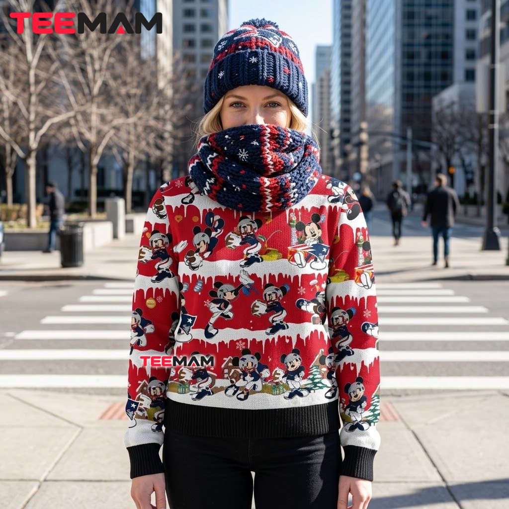 New England Patriots Ugly Christmas Sweater Mickey Mouse Pattern Design Back New England Patriots Ugly Christmas Sweater Mickey Mouse Pattern Design Back