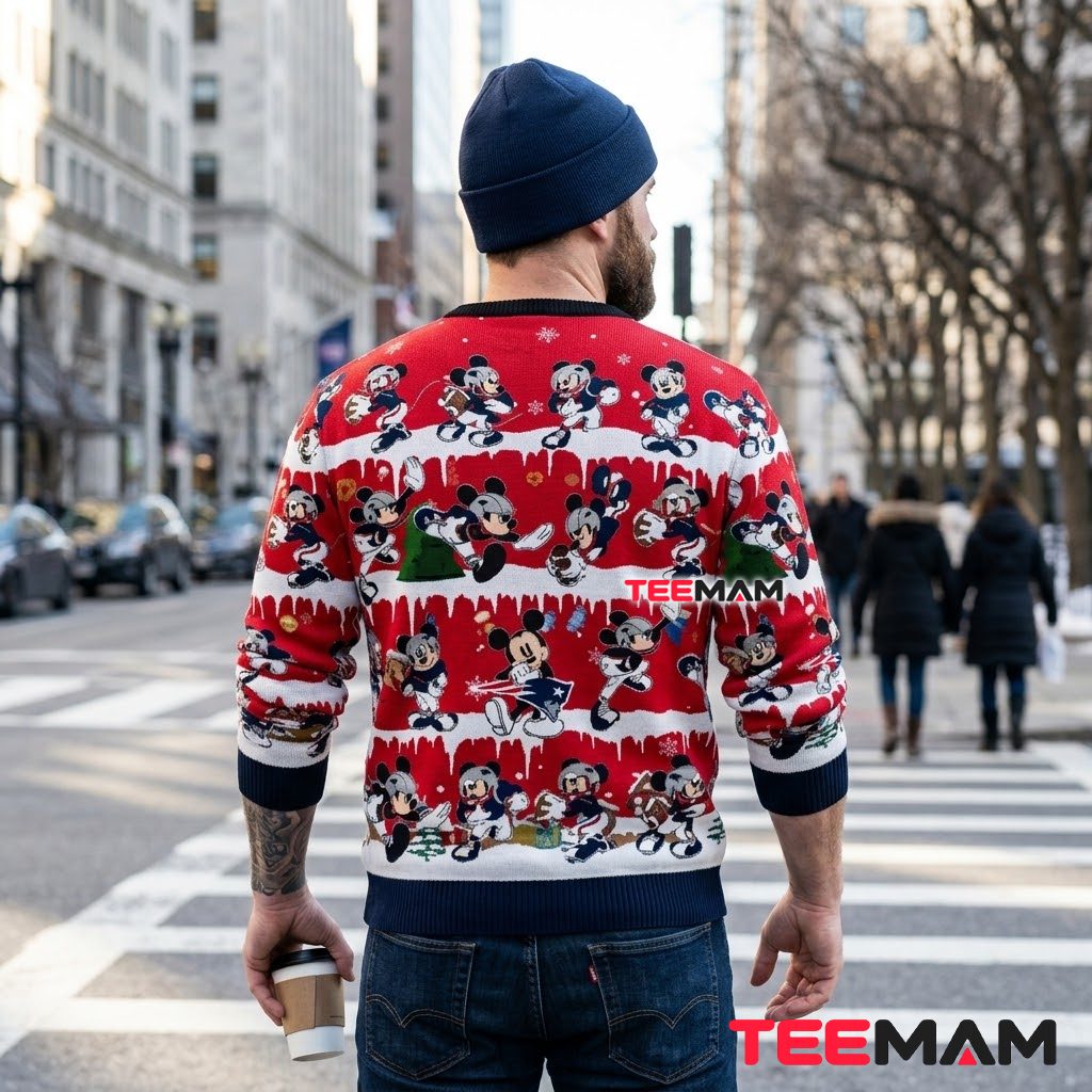 New England Patriots Ugly Christmas Sweater Mickey Mouse Pattern Design Version 3 New England Patriots Ugly Christmas Sweater Mickey Mouse Pattern Design Version 3