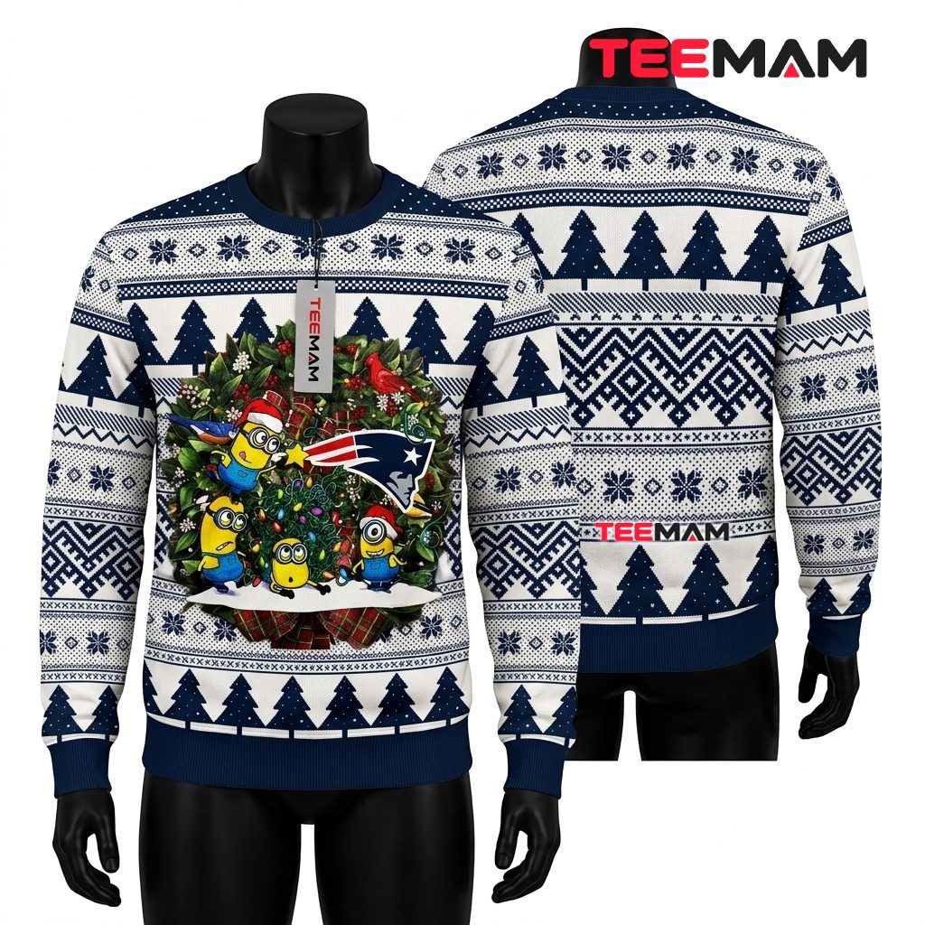 New England Patriots Ugly Christmas Sweater Minions Wreath Design Front