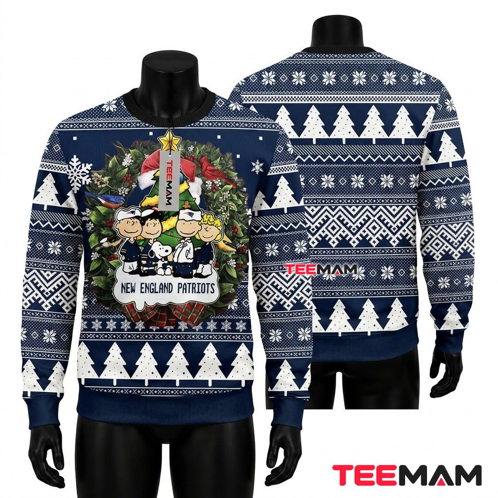 New England Patriots Ugly Christmas Sweater Peanuts Christmas Tree Design Front