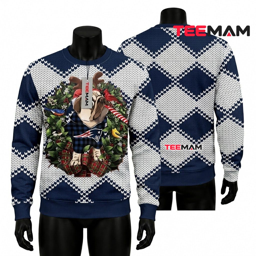 New England Patriots Ugly Christmas Sweater Pug Reindeer Wreath Design Front