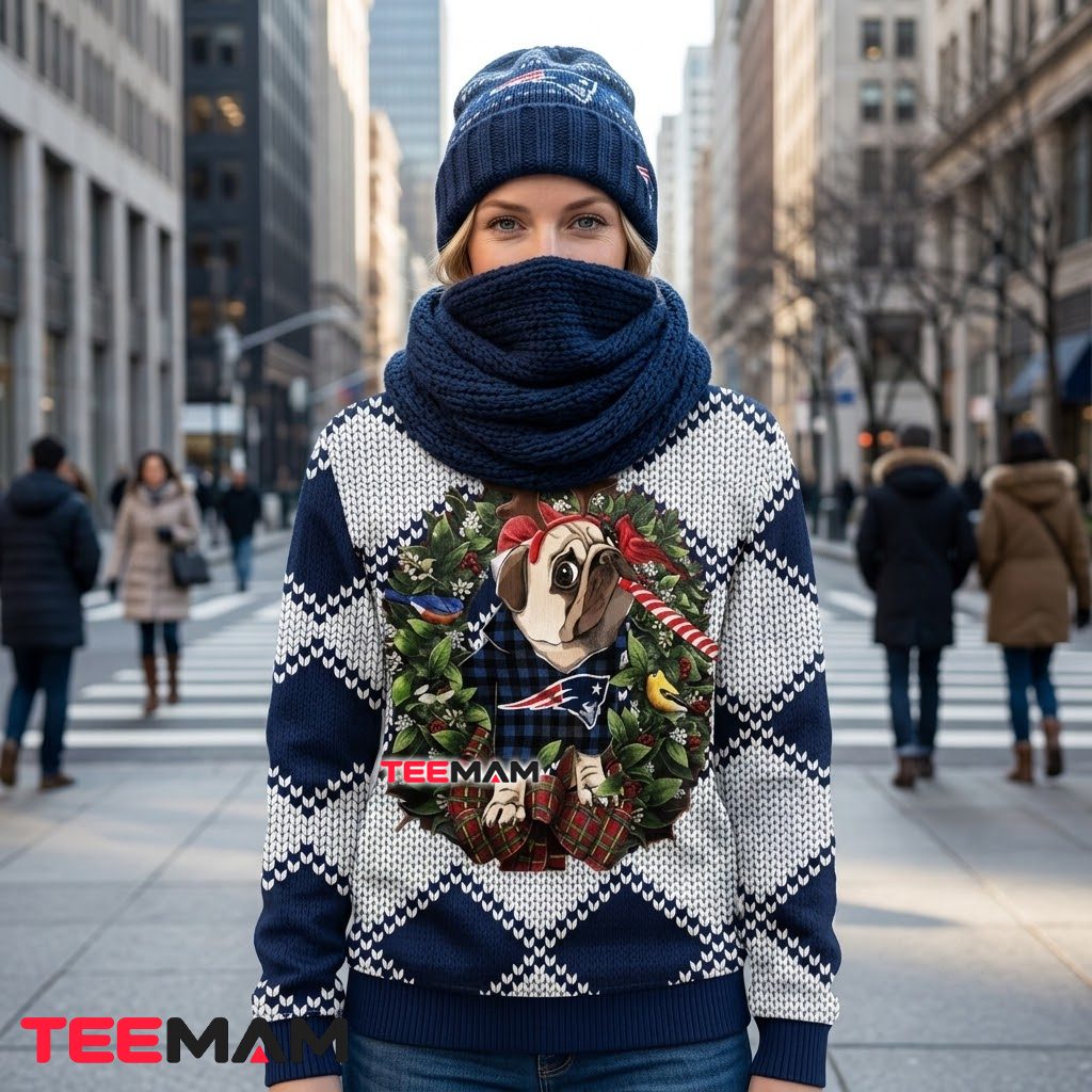 New England Patriots Ugly Christmas Sweater Pug Reindeer Wreath Design Back New England Patriots Ugly Christmas Sweater Pug Reindeer Wreath Design Back