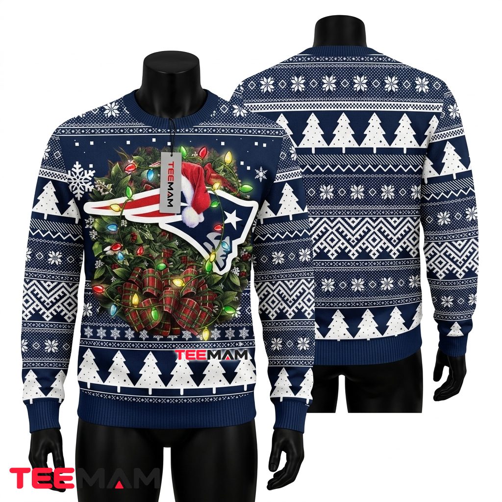 New England Patriots Ugly Christmas Sweater Santa Hat Wreath Design Front