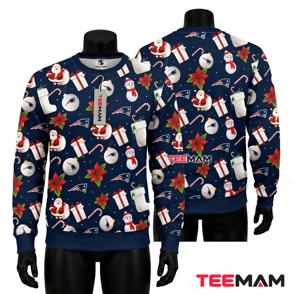 New England Patriots Ugly Christmas Sweater Santa Snowman Stocking Pattern Front