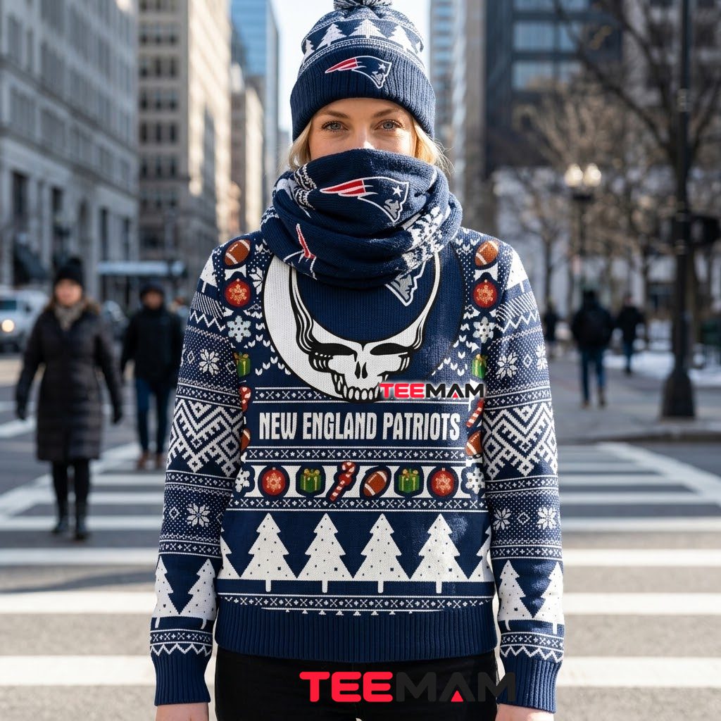 New England Patriots Ugly Christmas Sweater Skull Grateful Dead Design Back New England Patriots Ugly Christmas Sweater Skull Grateful Dead Design Back