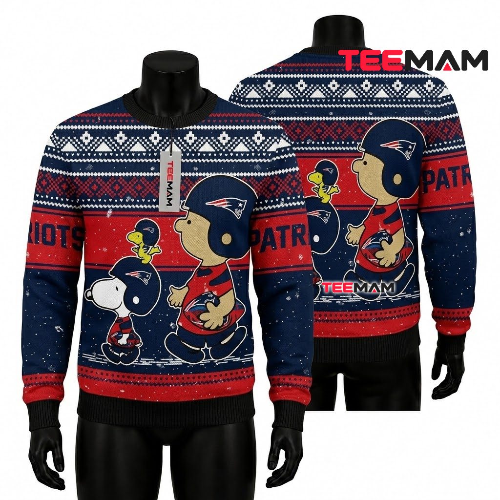 New England Patriots Ugly Christmas Sweater Snoopy Charlie Brown Design Front